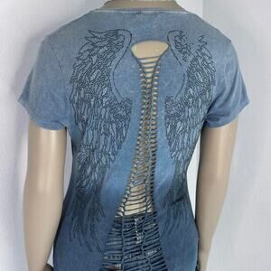 Angel Wings Rhinestone Cutout Tee Blue Distressed Large Y2k  00s Grunge Bling